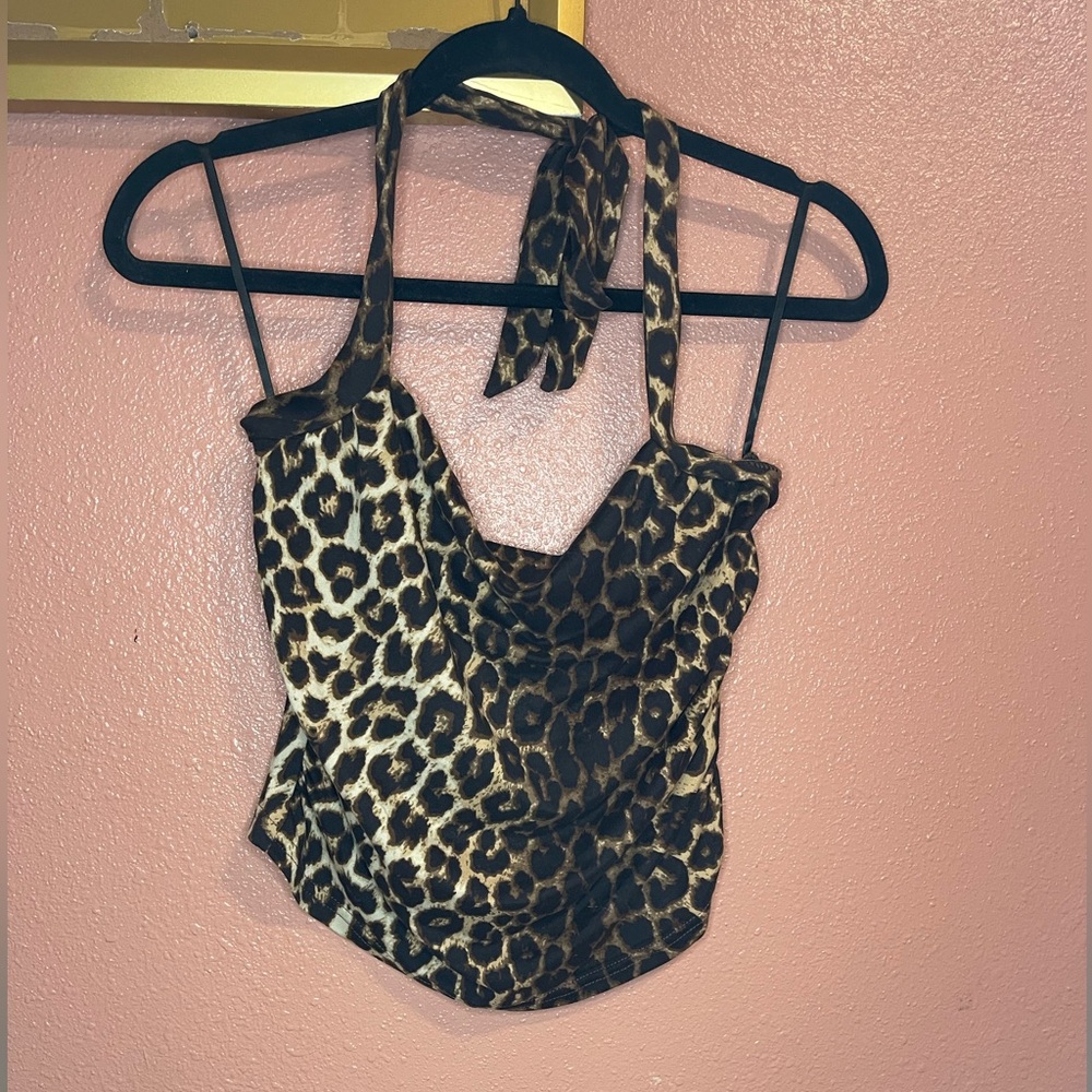 SHEIN Leopard Halter & Spaghetti Strap Cami Top - Brown & Cream